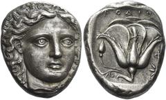 Greek Coins Rhodes. Tetradrachm circa 404-385, AR 15.24 g. Head of Helios facing three-quarters r. Rev. POΔION Rose with single bud on l., in r. field, Φ / star. All within incuse square. Bérend, SNR 