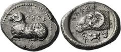 Greek Coins Salamis. Gorgos II (?), circa 450 – 430 Siglos circa 450-430, AR 11.13 g. ba si le fo se – ku ru ko [..] in Cypriot characters Ram lying l. Rev. ba – si ku – ru – ko Ram's head l.; below, 