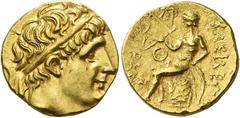 Greek Coins Antiochus I Soter, 281 – 261. Stater, Aï Khanoum circa 266-261, AV 8.50 g. Diademed head right, with elderly features. Rev. BAΣIΛEΩ[Σ] – ANTIOX[OY] Apollo seated l. on omphalos, holding bo