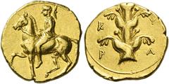 Greek Coins Cyrenaica, Cyrene. Drachm circa 375-308, AV 4.28 Rider on horseback prancing l.; wearing petasos. Rev. K – Y – P – A Silphium plant. BMC 124 (these dies). Naville 31c (this coin illustrate