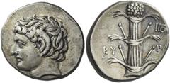 Greek Coins Cyrenaica, Cyrene. Didrachm circa 308-277, AR 7.82 g. Head of Apollo Carneios l. Rev. KY – PA Silphium plant with four leaves; in r. field, monogram. BMC 246. SNG Copenhagen 1239 var. (sna