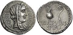 The Graham Collection of Roman Republican Coins C. Cassius and Brutus with Lentulus Spint. Denarius, mint moving with Brutus and Cassius 43-42, AR 3.96 g. C·CASSI·IMP – LEIBERTAS Diademed and veiled h