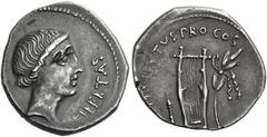 The Roman Republic Q. Caepio Brutus. Denarius, mint moving with Brutus 43-42, AR 3.93 g. LEIBERTAS Head of Libertas r . Rev. [CAE]PIO·BRVTVS·PRO·COS Plectrum, lyre and laurel branch tied with fillet. 