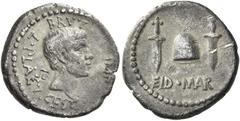 The Roman Republic M. Iunius Brutus with L. Plaetorius Caestianus. Denarius, Northern Greece circa 43-42, AR 3.58 g. BRVTVS IMP L·PLAET ·CEST Bare head of Brutus r. Rev. EID·MAR Pileus between two dag