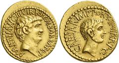 The Roman Republic Marcus Antonius and C. Caesar Octavianus with M. Barbatius. Aureus, mint moving with M. Antonius 41, AV 8.06 g. M·ANT·IMP·AVG·III·VIR·R·P·C·M·BARBAT·Q·P Bare head of M. Antonius r. 