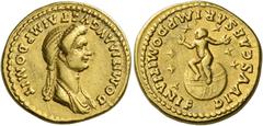 The Roman Empire Domitia, wife of Domitian. Aureus circa 82-83, AV 7.72 g. D OMITIA AVGVSTA IMP DOMIT Draped bust r., hair in plait. Rev. DIVVS CAESAR IMP DOMITIANI F Infant seated l. on globe, liftin
