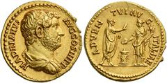 The Roman Empire Hadrian augustus, 117 – 138. Aureus circa 130-133, AV 7.54 g. HADRIANVS – AVGVSTVS Bare-headed and draped bust r. Rev. ADVEN – TVI AV – G ITALIAE Hadrian, togate, standing l. raising 
