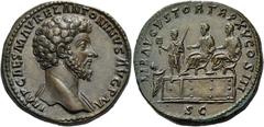 The Roman Empire Marcus Aurelius augustus, 161 – 180. Sestertius March-December 161, Æ 25.50 g. IMP CAES M AVREL ANTONINVS AVG P M Bare-headed bust r., drapery on far shoulder. Rev. LIB AVGSTOR TR P X