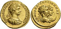 The Roman Empire Caracalla augustus, 198 – 217. Aureus 201, AV 7.10 g. ANTONINVS PIVS AVG PONT TR P IIII Laureate, draped and cuirassed bust of Caracalla r. Rev. CONCORDIAE AETERNAE Jugate busts r. of