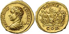 The Roman Empire Geta caesar, 198 – 209. Aureus 207, AV 7.28 g. P SEPTIMIVS – GETA CAES Bare-headed, draped, and cuirassed bust l. Rev. PONTIF – COS Bacchus and Ariadne seated l.; herm behind, panther