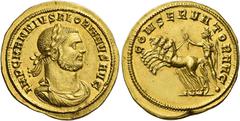 The Roman Empire Florian, June – August 276. Heavy aureus 276, AV 7.52 g. IMP C M ANNIVS FLORIANVS AVG Laureate, draped and cuirassed bust r. Rev. CONSERVATOR AVG Sol in quadriga l., holding reins in 