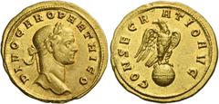 The Roman Empire Carus, 282 – 283. Divo Caro. Aureus, Siscia after 283, AV 4.63 g. DIVO CARO PARTHICO Laureate head r. Rev. CONSECR – ATIO AVG Eagle, with open wings, standing r. on globe and looking 