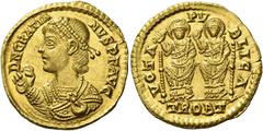The Roman Empire Gratian, 367 – 383. Solidus, Treviri circa 378-383, AV 4.48 g. D N GRATIA – NVS P F AVG Pearl-diademed, draped bust l., holding mappa and sceptre. Rev. VOTA – PV – BLICA Two emperors 