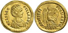 The Roman Empire Aelia Flaccilla, wife of Theodosius I. Solidus, Constantinopolis 383-388, AV 4.51 g. AEL FLAC – CILLA AVG Draped bust r., with elaborate headdress, necklace and mantle. Rev. SALVS REI