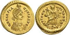 The Roman Empire Galla Placidia, Mother of Valentinian III, Augusta, 421-450. Solidus circa 430-440, AV 4.46 g. GALLA PLA – CIDIA AVG Draped bust r., wearing pearl diadem and with her hair elaborately