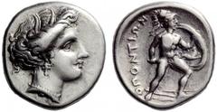 LOKRIS LOKRI OPUNTII Triobol or hemidrachm, 350’s BC. AR 2.80 g., 1¢. Head of Demeter r. Rev. Ajax advancing to r., below, two spears on the ground. Symbol inside the shield, lion . OPONTIWN l. up. Co