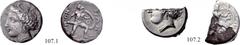 LOKRIS LOKRI OPUNTII Lot of two coins. 107.1 : Plated stater, circa 350 BC. AR (Æ) 10.43 g., 12¢, its prototype similar to lot 42 above (corpus group 10). 107.2 : Half of a cut stater, circa 350 BC. A
