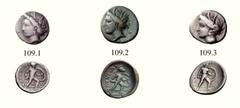LOKRIS LOKRI OPUNTII Lot of three coins. 109.1 : Hemidrachm, 340’s BC or later. AR 2.11 g., 4¢. An underweight “barbarous” ancient imitation of group 5. 109.2 : Æ 1.87 g., 12¢. A modern cast copy of a