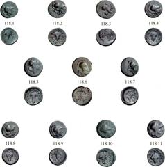 LOKRIS LOKRI OPUNTII Lot of eleven bronze coins, from the first half of the 4th to well into the 3rd centuries BC. All with Athena helmeted r. Rev. Bunch of grapes with tendrils and vine leaves, vario