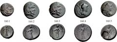 LOKRIS LOKRI OPUNTII SKARPHEIA Lot of five bronze coins, 2nd to mid-1st centuries BC. 160.1 : Æ 7.62 g., 4¢. Bearded head r. Rev. Draped female figure standing facing, head l., holds wreath with fille