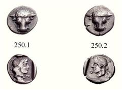 PHOKIS FEDERAL COINAGE PHOKIAN LEAGUE SILVER denominations: NOTES ON CLASSIFICATION Lot of two silver triobols, 445 - 420 BC. 250.1 : AR 2.90 g., 11¢. 250.2 : AR 2.87 g., 8¢. Both with frontal bull’s 