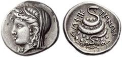 PHOKIS FEDERAL COINAGE DELPHI Hemidrachm, 336 - 335 BC. AR 3.07 g., 6¢. Head of Demeter l., veiled, wearing wheat wreath with one leaf and a wheatear. Rev. Serpent coiled around omphalos covered with 