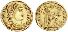 LATE ROMAN EMPIRE Constantine III, 407 – 411 Solidus, Treveri 408-411, AV 4.46 g. D N CONSTAN – TINVS P F AVG Rosette-diademed, draped and cuirassed bust r. Rev. VICTORI – AA AVGGG Emperor standing r.