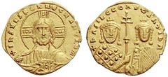 The Byzantine Empire Basil II Bulgaroktonus and Constantine VIII, 976 – 1025 Histamenon nomisma circa 977-989, AV 4.05 g. + IHS XIS REX REGNANTIYM Bust of Christ facing, with ornate crossed nimbus, ra
