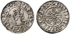 Medieval European Coinage England Cnut, 1016-1035. Penny, London circa 1024-1030, AR 1.35 g. + CNVT – T REC Draped bust l., wearing pointed helmet and holding sceptre. Rev. + GODERE ON LVND Short void