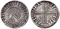 Medieval European Coinage Ireland Hiberno-Norse, 1035-1052. Penny, AR 0.85 g. + IIITINRIIDIIPIM Stylized, draped bust l., with four points on neck. Rev. + IIIPIPINFNIDII Long void cross with each limb