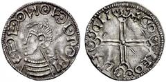 Medieval European Coinage Sweden Olaf Skötkonufg, 924 – 1021 or 1022. Denier, long cross type, Sigtuna (?), AR 1.99 g. + EDED ONOEDDPOPI Draped bust l. Rev. + CIO – LEO – V + – CII Long cross with thr