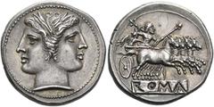 Greek Coins Latium, Rome Quadrigatus circa 225-214, AR 23 mm, 6.66 g. Laureate Janiform head of the Dioscuri. Rev. Jupiter, holding sceptre and hurling thunderbolt, in fast quadriga driven r. by Victo