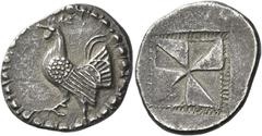 Greek Coins Himera Calcidian drachm circa 530-520, AR 22 mm, 5.27 g. Cockerel advancing l., with r. claw raised. Border of dots. Rev. Windmill sail pattern of four raised and four sunken triangles. Ja