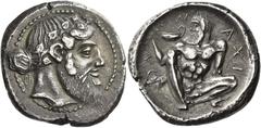 Greek Coins Naxos Tetradrachm circa 460, AR 29 mm, 16.97 g. Bearded and ivy-wreathed head of Dionysos r., his hair tied in a krobylos at nape of neck. Rev. Ν – ΑXΙ – ΟΝ Silenus, nude and ithyphallic, 