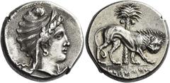 Greek Coins The Carthaginians in Sicily and North Africa Tetradrachm, uncertain mint in Sicily circa 320-310, AR 26 mm, 17.14 g. Female head r., wearing oriental tiara with plain band before forehead.