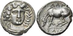 Greek Coins Larissa Drachm circa 380-365, AR 18 mm, 6.22 g. Head of nymph Larissa facing three quarters r., wearing ampyx and necklace. Rev. ΛΑΡΙ / ΣΑΙΩΝ Horse grazing l., preparing to roll. Lorber, M