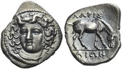 Greek Coins Larissa Obol circa 344-337, AR 11 mm, 0.80 g . Head of the nymph Larissa facing, turned slightly l., wearing ampyx, pendant earring, and necklace. Rev. ΛΑΡΙΣ / ΑΙΩΝ Horse feeding r. Herrma