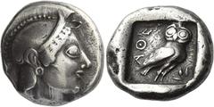 Greek Coins Athens Tetradrachm, Civic mint circa 510-500/490, AR 24 mm, 16.97 g. Head of Athena r., wearing crested Attic helmet and disc earring. Rev. AΘE Owl standing r. with closed wings, head faci
