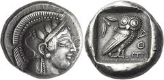 Greek Coins Athens Tetradrachm circa 465, AR 24 mm, 17.12 g. Head of Athena r., wearing crested Attic helmet with three olive leaves over visor and spiral palmette on bowl. Rev. ΑΘΕ Owl, with closed w