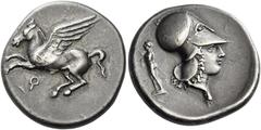 Greek Coins Corinthia, Corinth Stater circa 400-345, AR 23 mm, 8.55 g. Pegasus flying l.; below, [koppa]. Rev. Helmeted head of Athena r.; in l. field, statue of nude bearded male (Zeus?) standing l.,