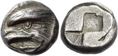 Greek Coins Paphlagonia, Sinope Drachm circa 425-410, AR 14 mm, 6.13 g. Head of sea eagle l.; below, dolphin. Rev. Quadripartite incuse square with two opposing quarters filled, one of the others bise