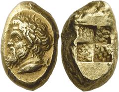 Greek Coins Cyzicus Stater circa 450-400, EL 24 mm, 16.08 g. Head of bearded Silenus facing l., with a goat's ear, wearing a wreath of ivy; below, a tunny fish l. Rev. Quadripartite incuse square of m