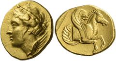 Greek Coins Lampsacus Stater circa 360-340, AV 18 mm, 8.43 g. Head of Nike l., wearing wreath of myrthe (?); small wing springs from the neck. Rev. Forepart of Pegasus r., within an incuse square. Bal