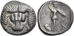 Greek Coins Samos Tetradrachm circa 360-340, AR 24 mm, 15.12 g. Lion's scalp facing. Rev. ΣA Athena standing r., holding spear and shield decorated with Gorgoneion; above in l. field, olive branch and