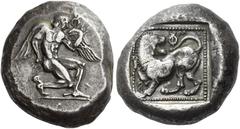 Greek Coins Uncertain mint in Caria Stater, mint B circa 450, AR 21 mm, 11.70 g. Naked male deity, with wings at shoulders and heels, running r.; above l. shoulder, monogram (possibly o-y) or linear d