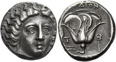 Greek Coins Rhodes Tetradrachm circa 404-385, AR 24 mm, 14.88 g. Head of Helios facing, slightly r. Rev. POΔION Rose with bud to l.; in l. field, T and in r., kerykeion. All within incuse square. Heca