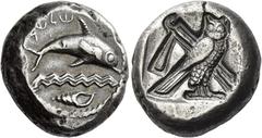 Greek Coins Phoenicia, Tyre Dishekel circa 430, AR 21 mm, 13.34 g. Dolphin r. over waves; above, Phoenician legend reading: "one thirtieth" (of a mina). In exergue, murex. Rev. Owl standing r. with cl