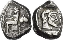 Greek Coins Cyrene Tetradrachm circa 520, AR 26 mm, 17.20 g. The city-goddess Cyrene, wearing stephane and a long chiton, seated l. on diphros, her r. hand reaching out to a plant of silphium; behind,