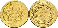 Roman Coins Octavian as Augustus, 27 BC – 14 AD Aureus, Caesaraugusta (?) circa 19-18, AV 22 mm, 7.91 g. CAESAR / AVGVSTVS Two laurel branches. Rev. OB / CIVIS / SERVATOS within oak-wreath. C 206. Bah