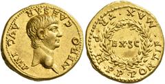 Roman Coins Nero augustus, 54 – 68 Aureus 56-58, AV 19 mm, 7.71 g. NERO CAESAR AVG IMP Bare head r. Rev. PONTIF MAX TR P III P P around oak wreath enclosing EX S C. C 206. BMC 12. RIC 11. CBN 18. Cali